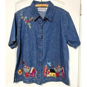 Vintage 90’s Keren Hart Women’s Denim Shirt Button‎ Up Embroidered BirdHouse NWT